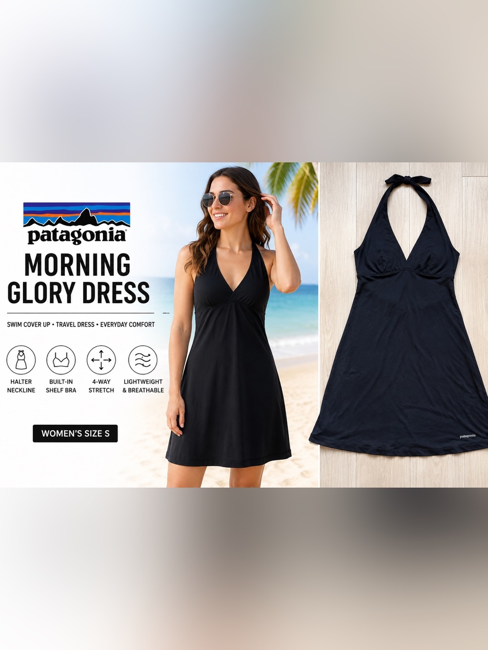 Patagonia Morning Glory Dress Women’s Black Halter Swim Cover Up Sundress Size M